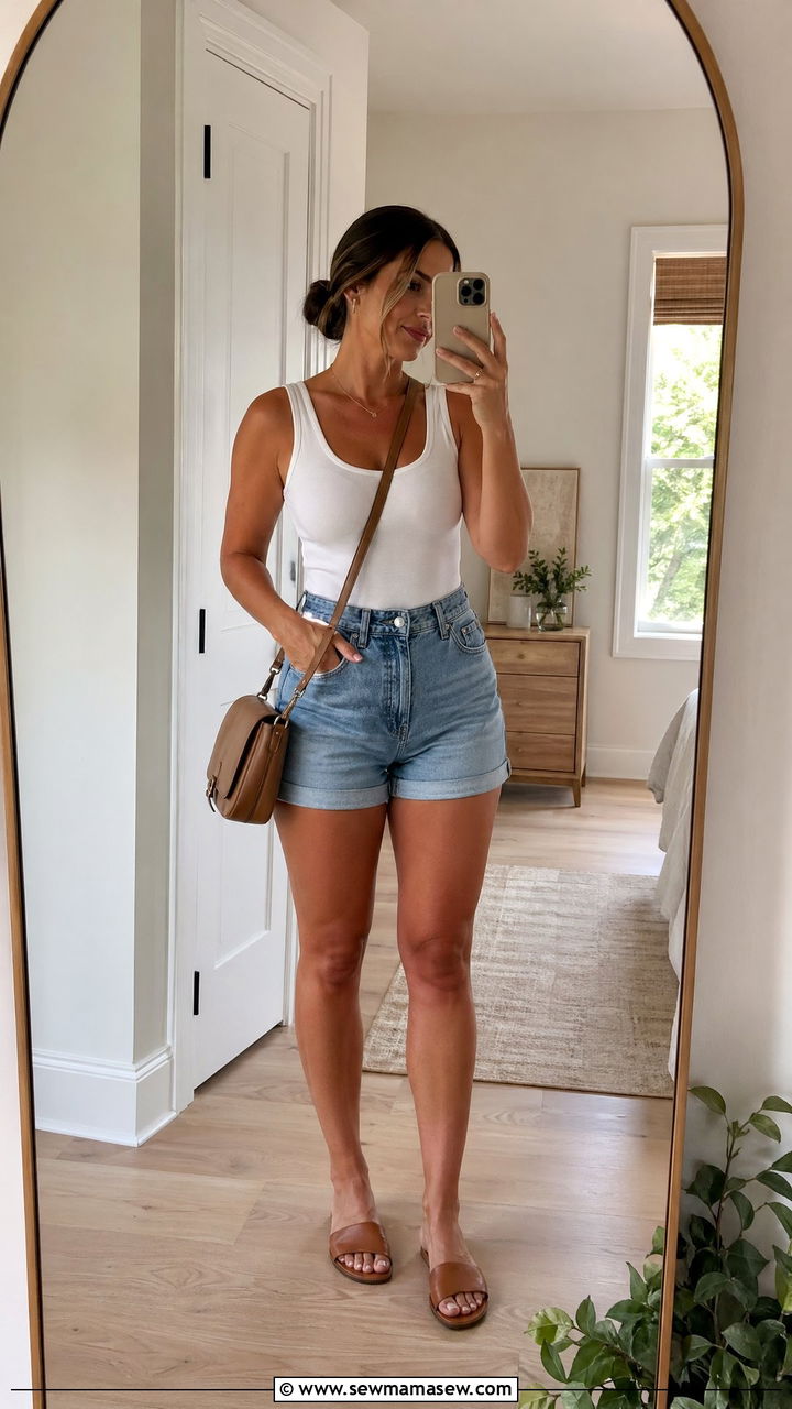 White Tank With High Waisted Denim Shorts Summer Mom Outfit - 35 Summer mom outfit ideas