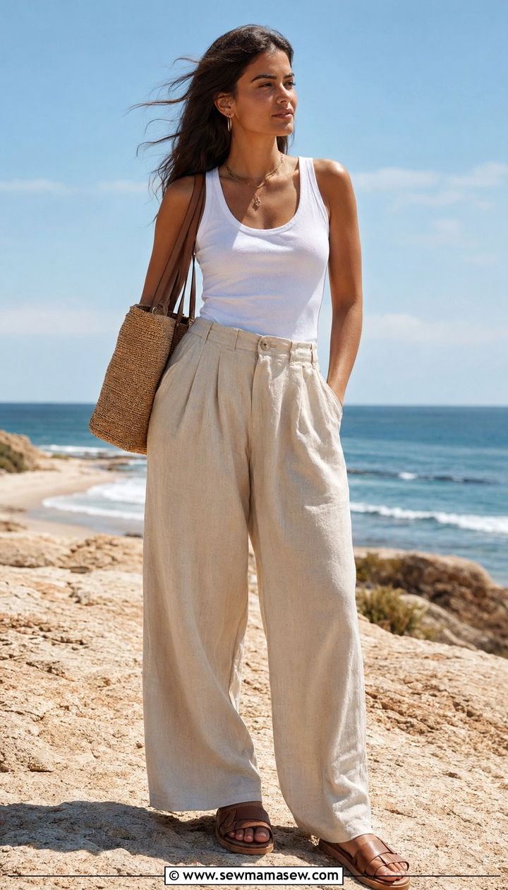 White Tank and Wide Leg Linen Pants With Flat Sandals - 35 Normcore outfit ideas