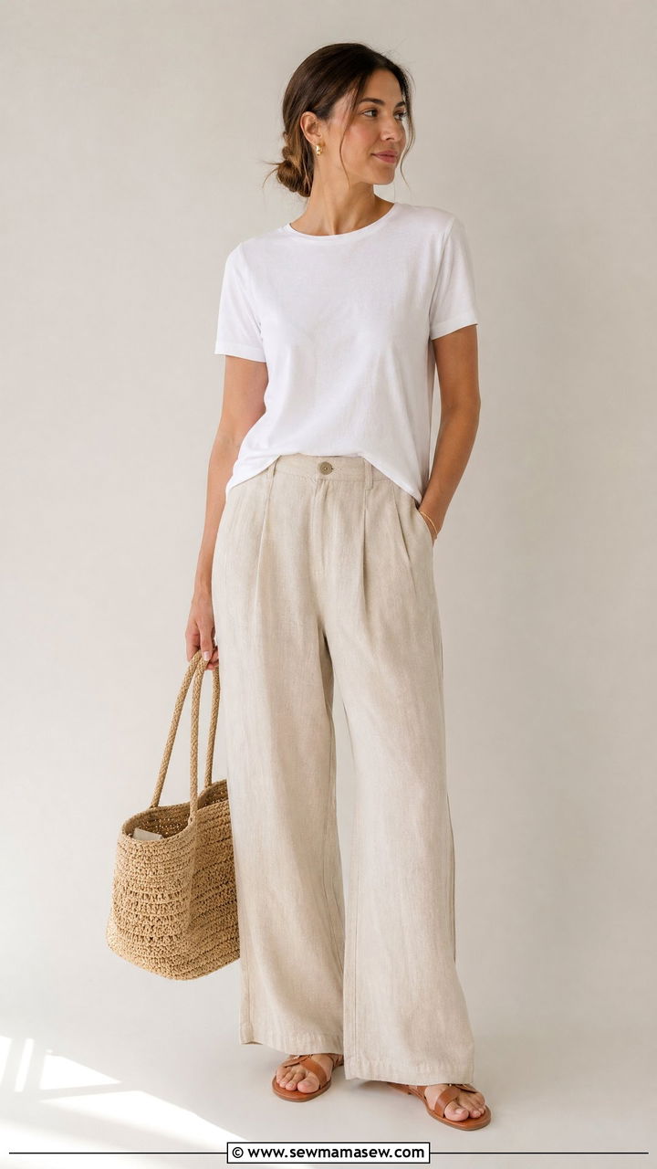 White Tee And Wide Leg Linen Trousers Outfit - 35 summer everyday outfit ideas