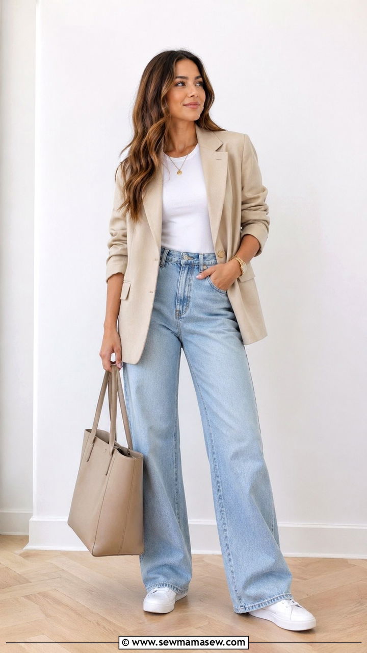 White Tee With High Waist Wide Leg Jeans And Oversized Blazer - 30 Spring closet must haves