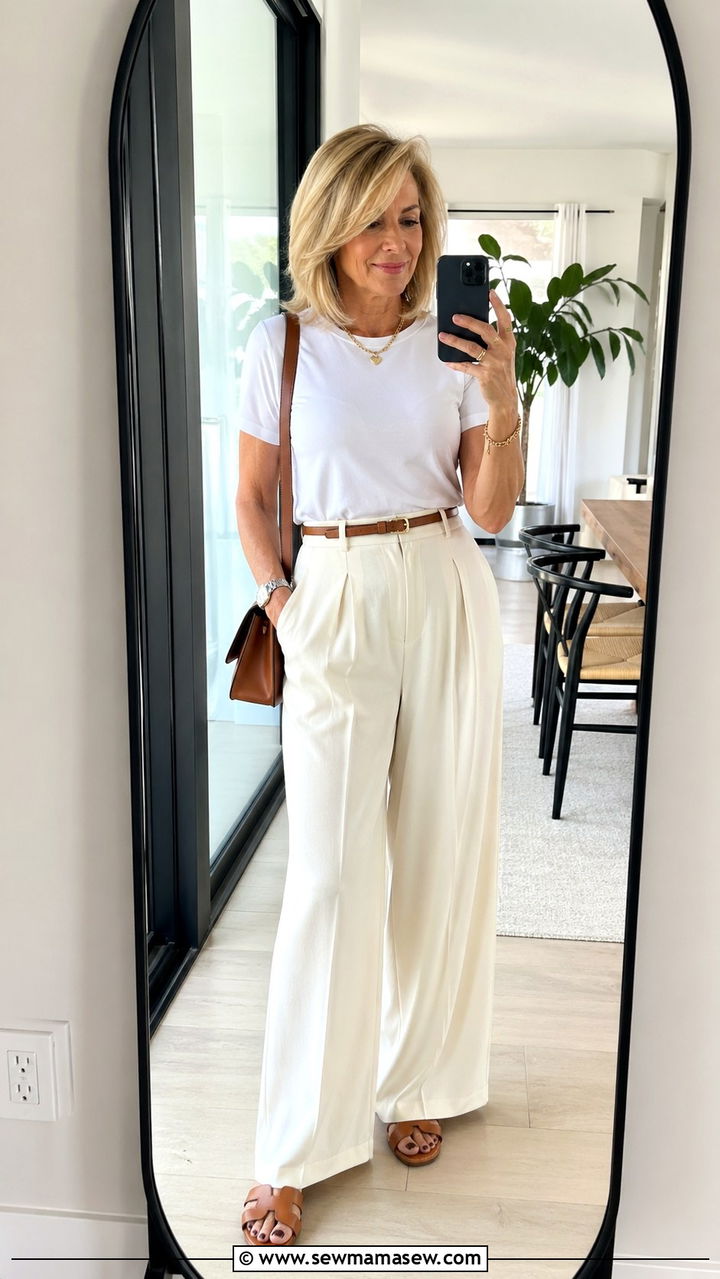 White Tee With High Waisted Wide Leg Pants Spring Outfit Over 50 - 30 Spring capsule wardrobe over 50