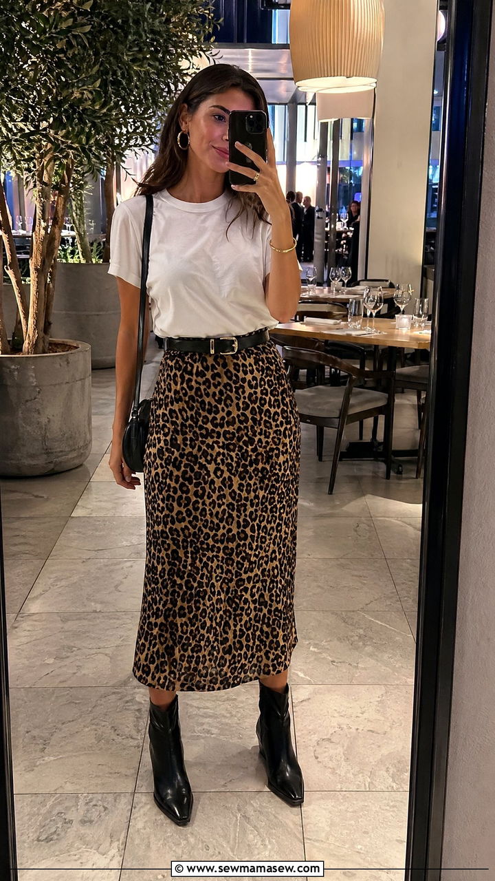 White Tee With Leopard Print Midi Skirt - 35 Skirt outfit ideas for women over 40