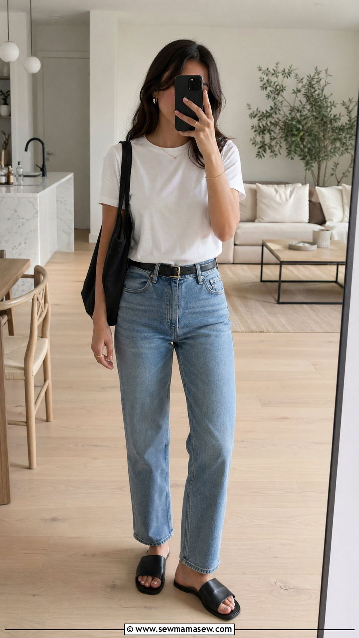 White Tee and High Waist Jeans Outfit Spring - 35 spring minimalist outfits