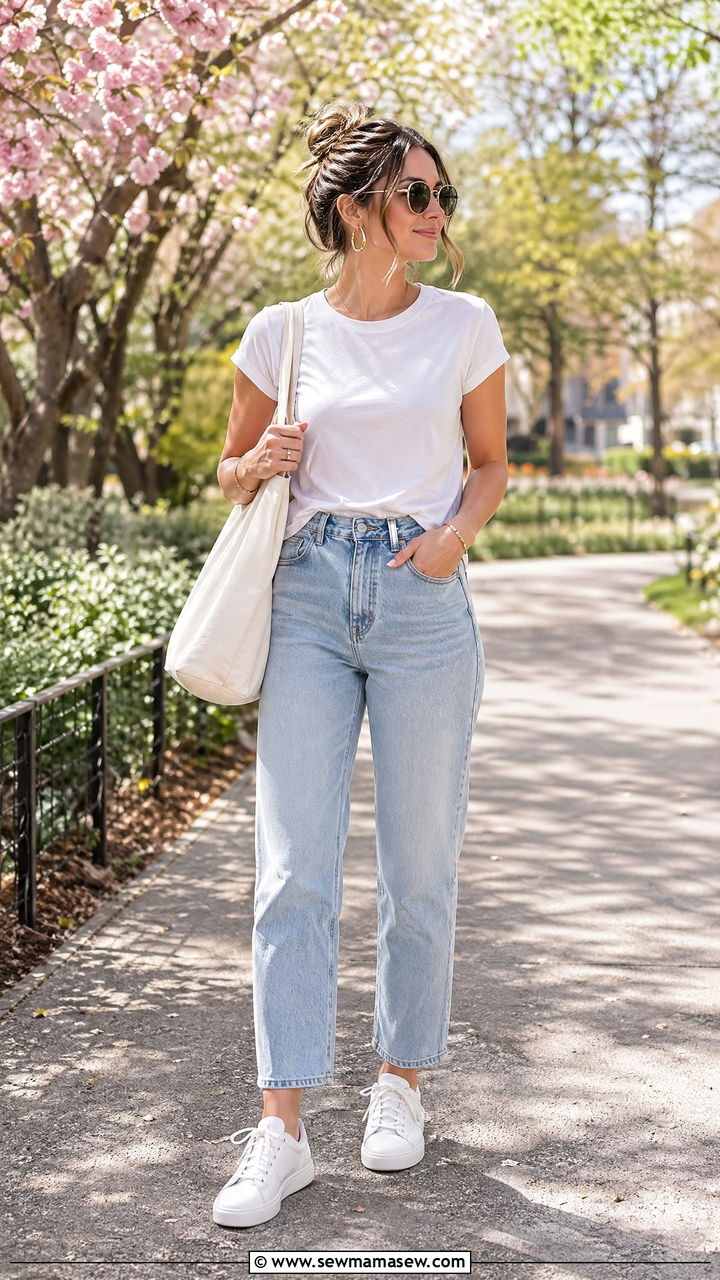 White Tee and High Waisted Jeans Outfit - 35 Spring mom outfit ideas