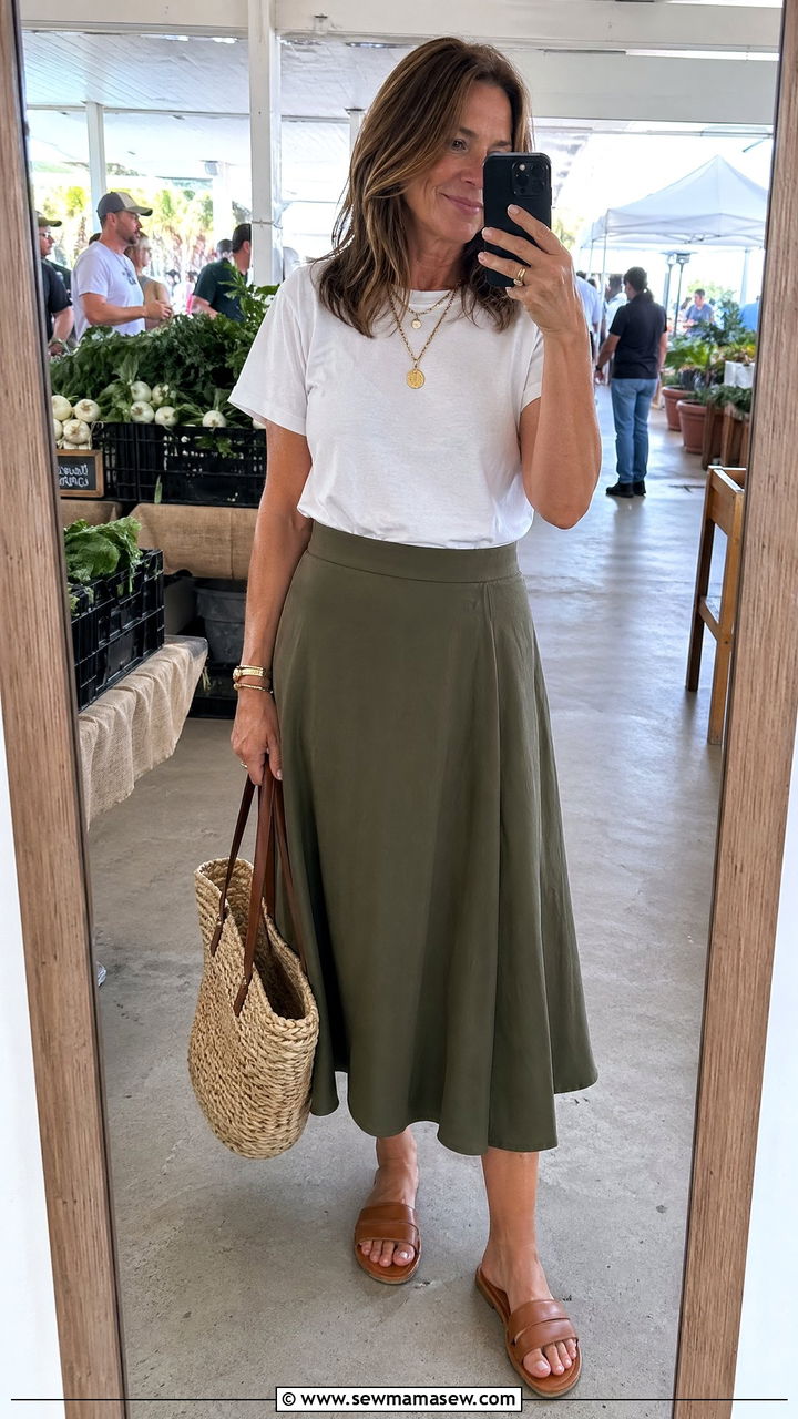 White Tee and Midi Skirt Outfit - 35 Summer capsule wardrobe for women over 50