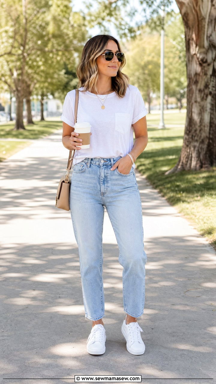 White Tee and Mom Jeans with Sneakers - 35 Spring outfit ideas for mom