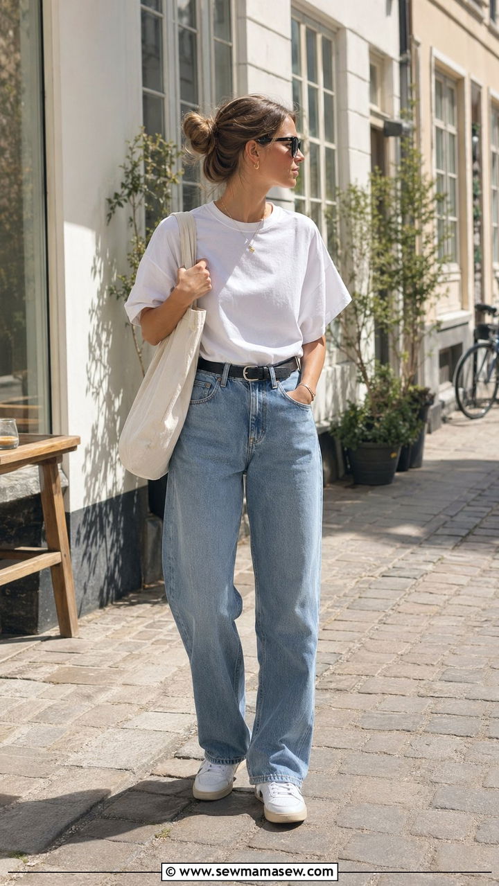 White Tee and Relaxed Denim Scandinavian Outfit - 35 scandinavian outfits for women