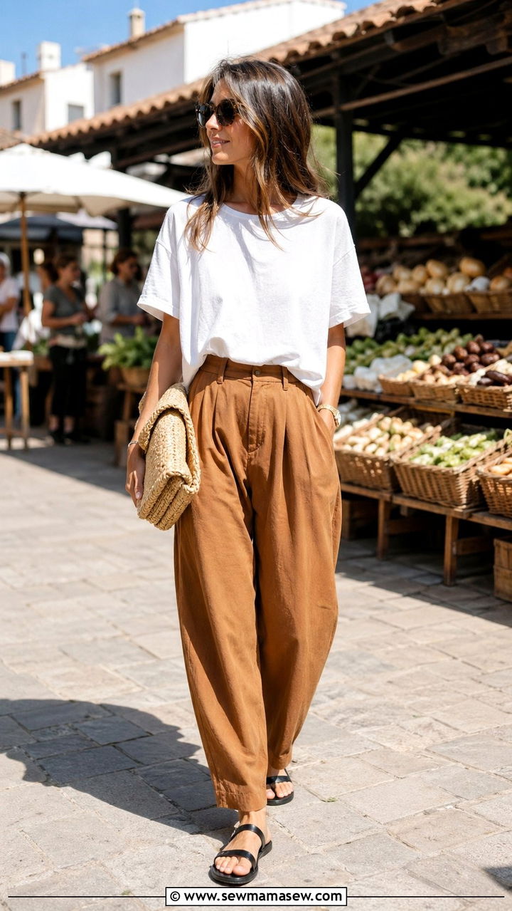 White Tee with Caramel Barrel Pants Outfit - 35 Scandinavian outfit ideas