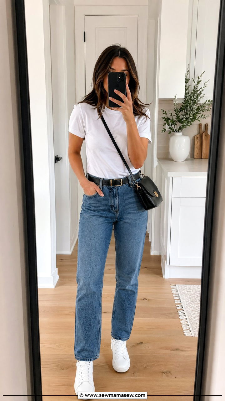 White Tee with Straight Leg Jeans and Sneakers Outfit - 35 Spring denim outfits