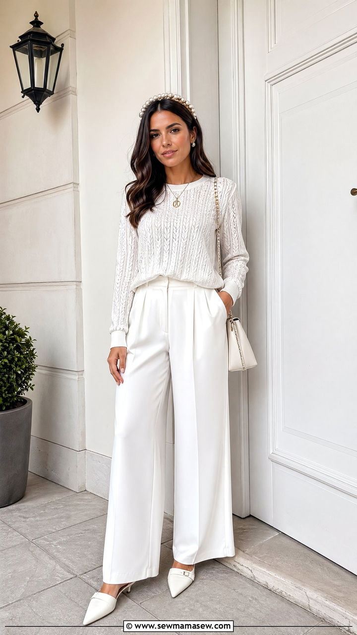 White Textured Knit and Wide Leg Pants - 35 summer all white outfit ideas