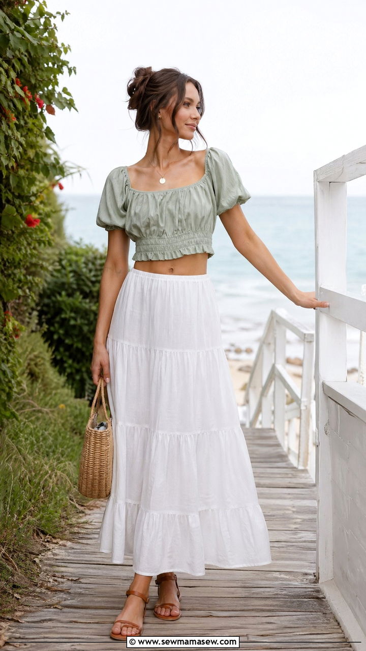 White Tiered Maxi Skirt With Cropped Linen Top And Sandals - 35 Cottagecore outfit ideas