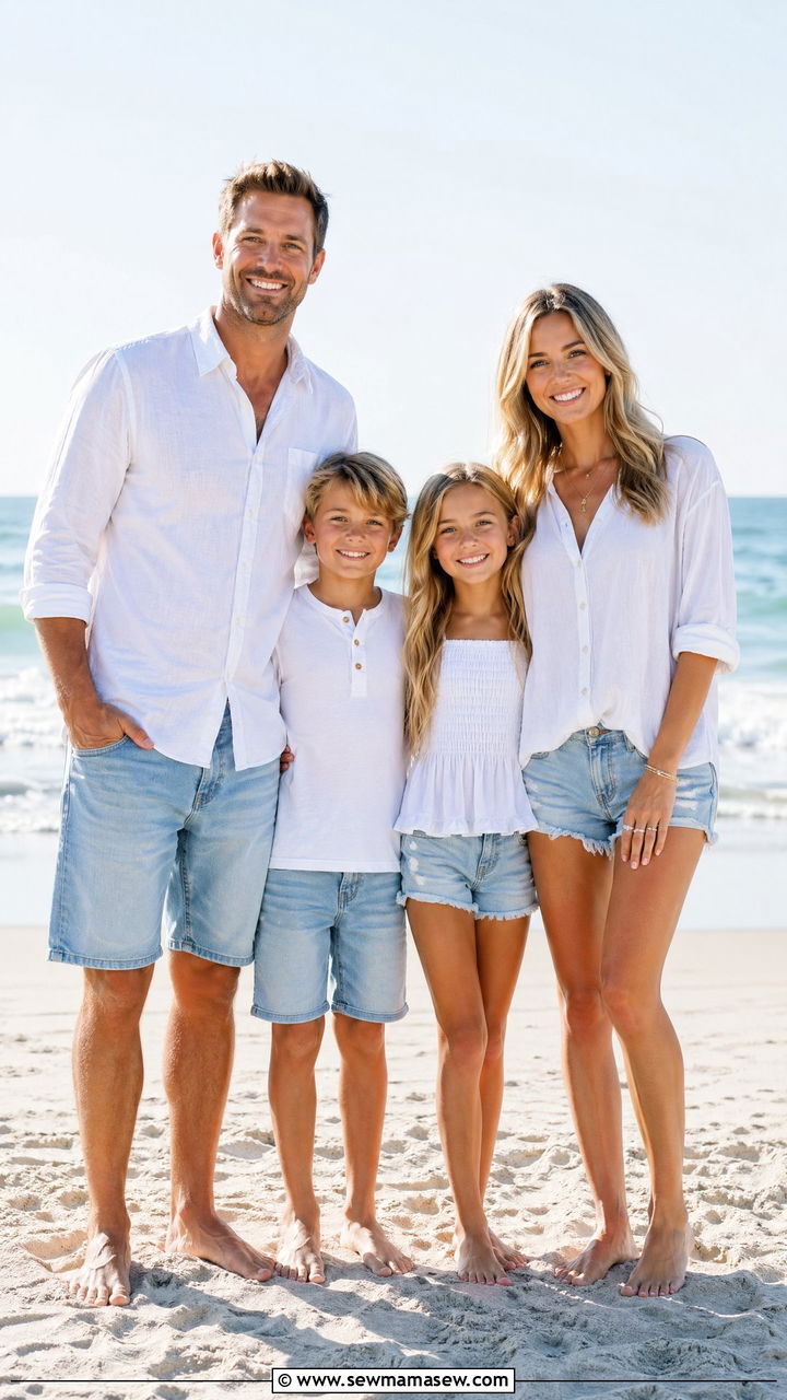 White Tops and Denim Shorts for Beach Family Photos - 35 summer family photo outfit ideas