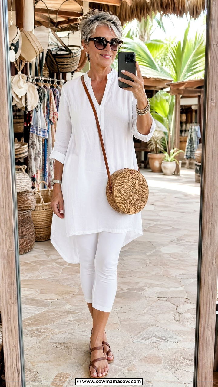 White Tunic Over Cropped Leggings For Sightseeing - 35 Travel outfits for women over 50