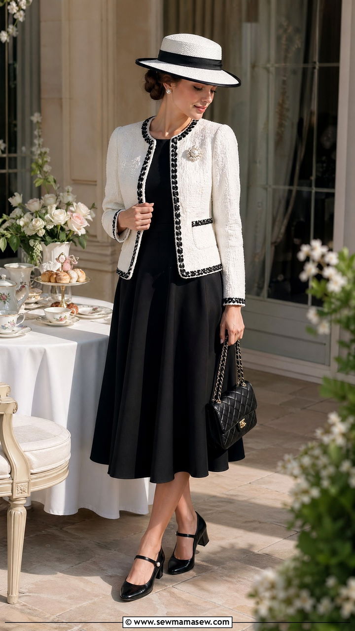White Tweed Style Jacket with Black Trim and Matching Hat - 35 classy old money outfits