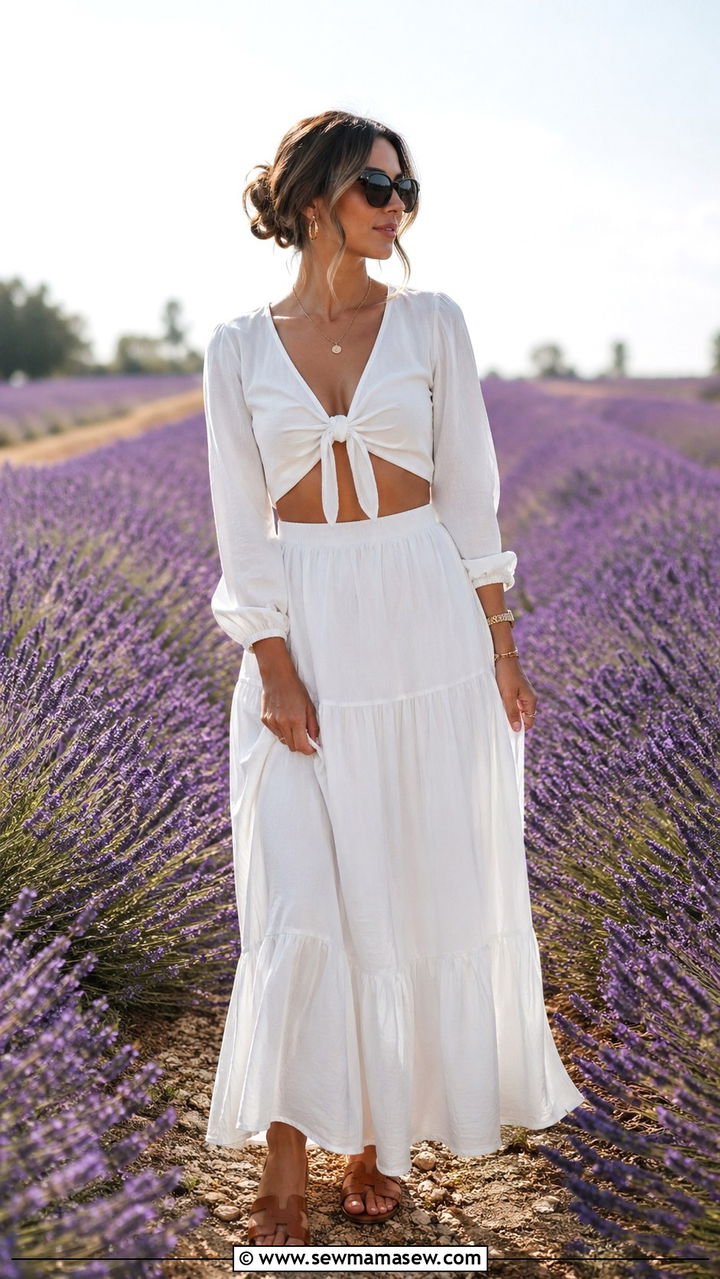 White Two Piece Matching Set - 30 Spring flower field photoshoot outfits