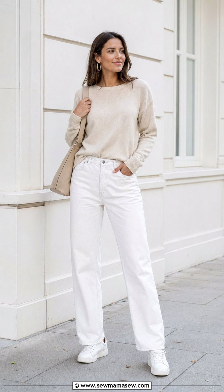 White Wash Jeans With Beige Sweater and Sneakers Outfit - 30 White wash jeans outfit ideas