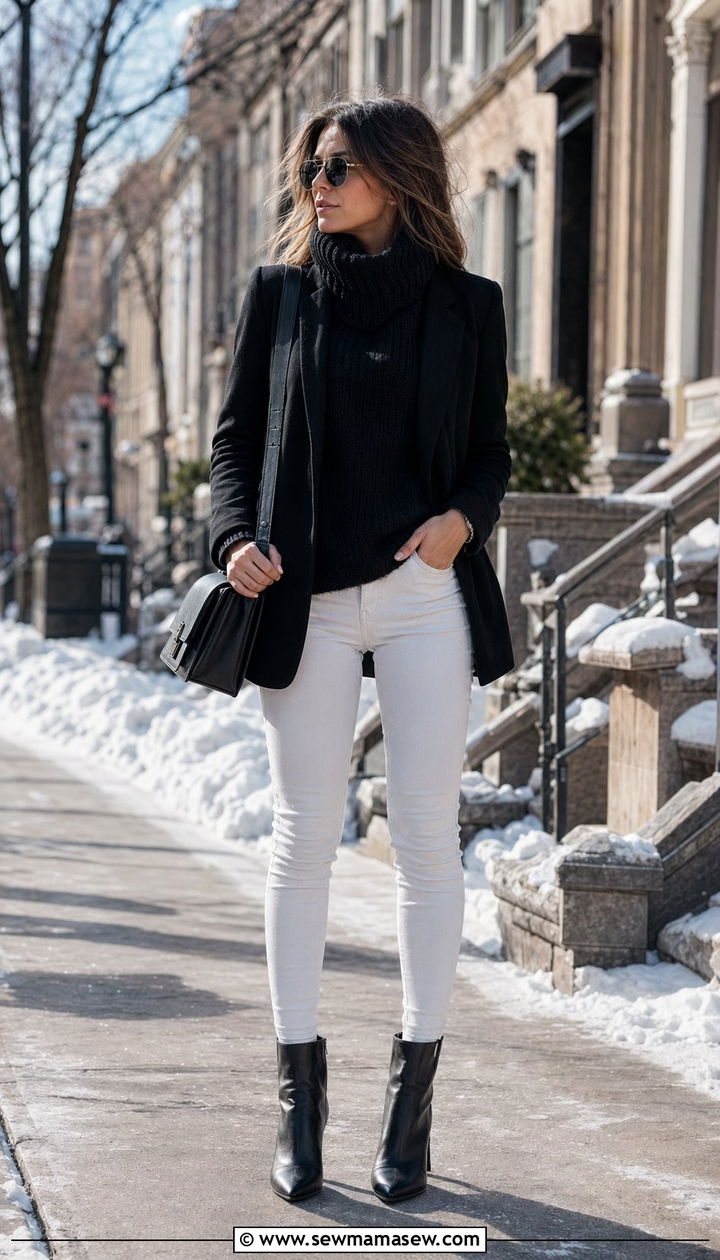 White Wash Jeans With Chunky Black Turtleneck and Blazer Outfit - 30 White wash jeans outfit ideas