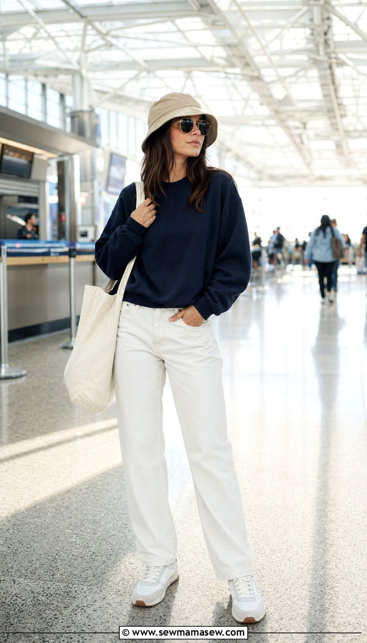 White Wash Jeans With College Sweater and Bucket Hat Outfit - 30 White wash jeans outfit ideas
