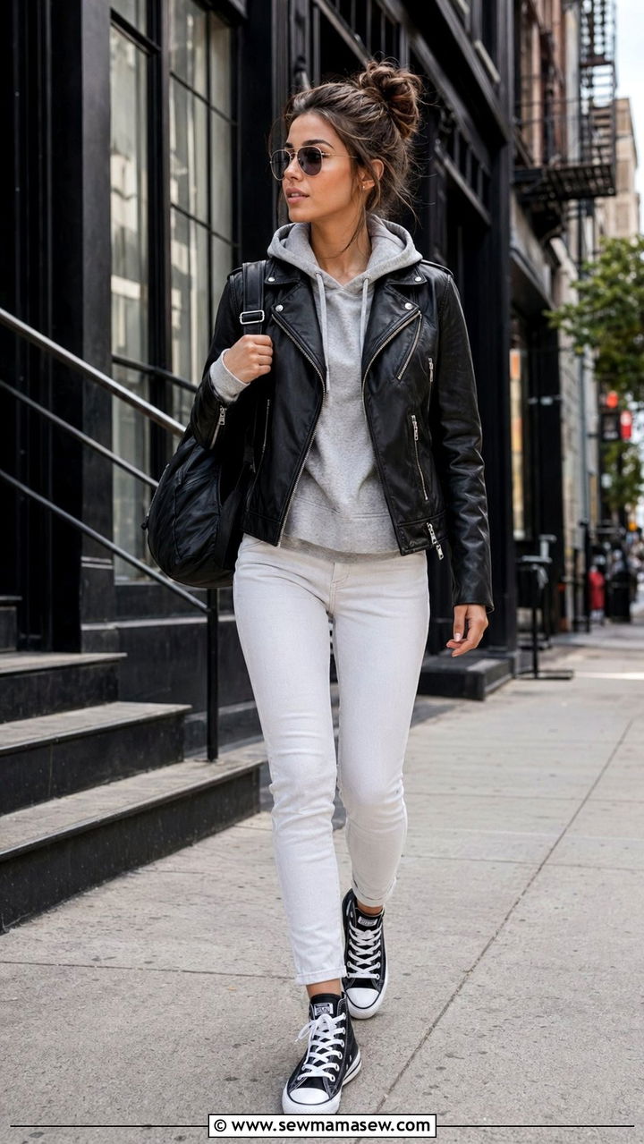 White Wash Jeans With Hoodie and Leather Jacket Outfit - 30 White wash jeans outfit ideas