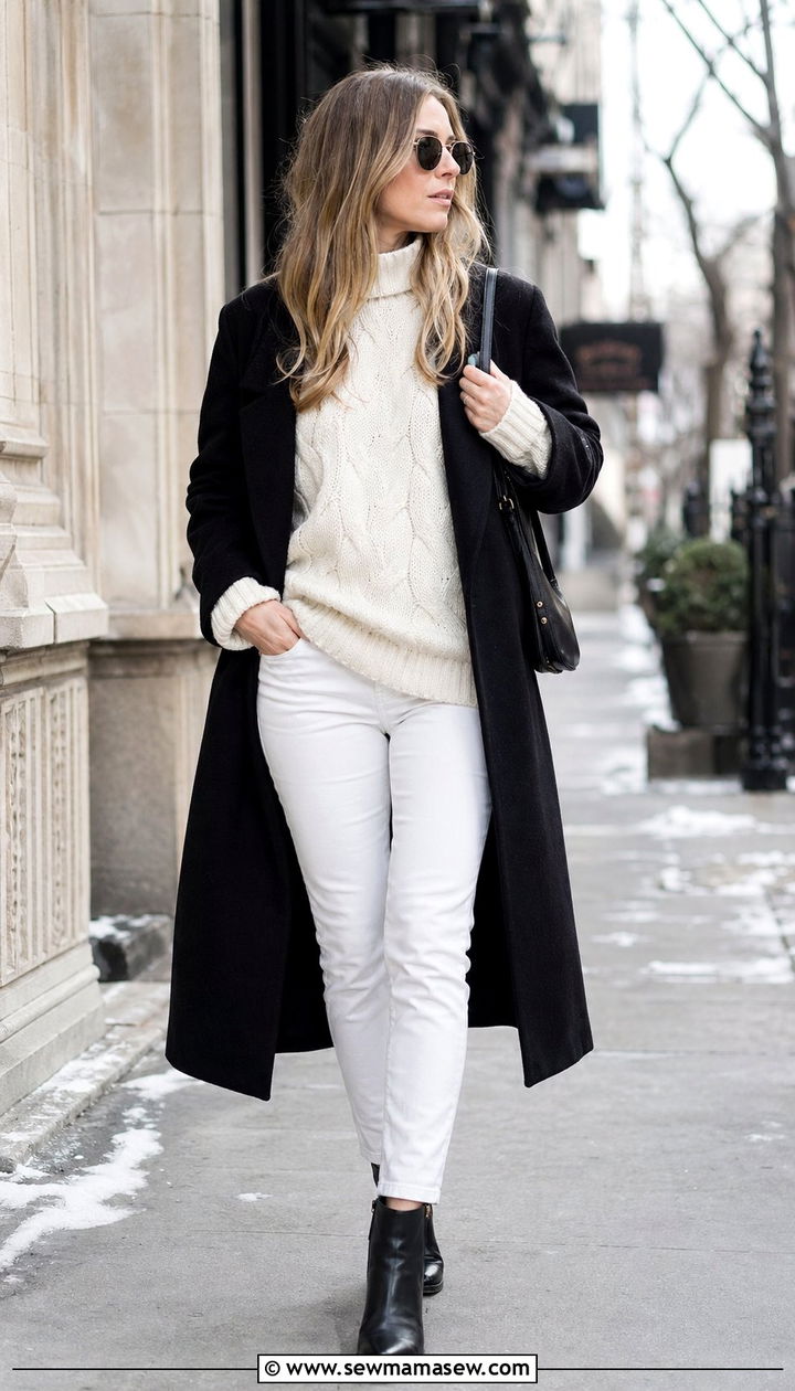 White Wash Jeans With Long Black Coat and Sweater Outfit - 30 White wash jeans outfit ideas