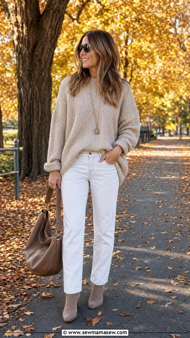 White Wash Jeans With Oversized Sweater and Ankle Boots Outfit - 30 White wash jeans outfit ideas