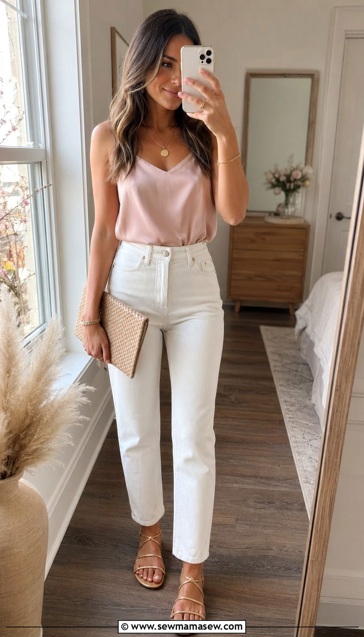 White Wash Jeans With Pink Top and Strappy Sandals Outfit - 30 White wash jeans outfit ideas