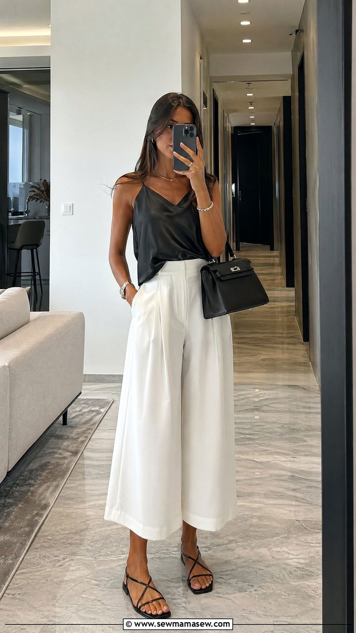 White Wide Leg Culottes With Black Silk Tank Summer Outfit - 35 summer elegant outfit ideas