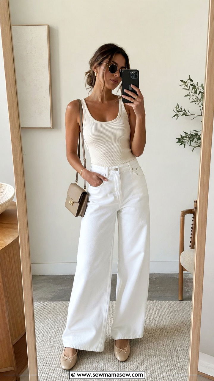 White Wide Leg Jeans With Ballet Flats Summer Concert Outfit - 30 what to wear to a summer concert