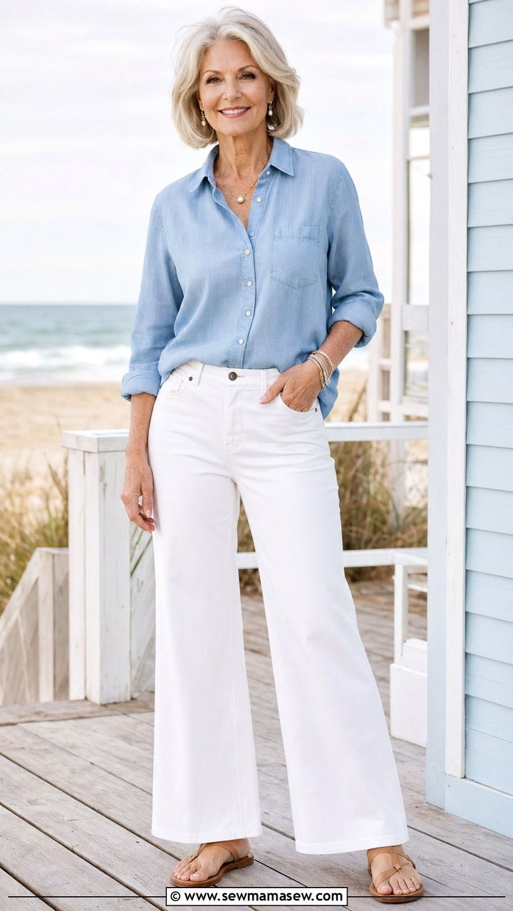 White Wide Leg Jeans With Chambray Shirt And Tan Sandals - 30 Best jeans for women over 60