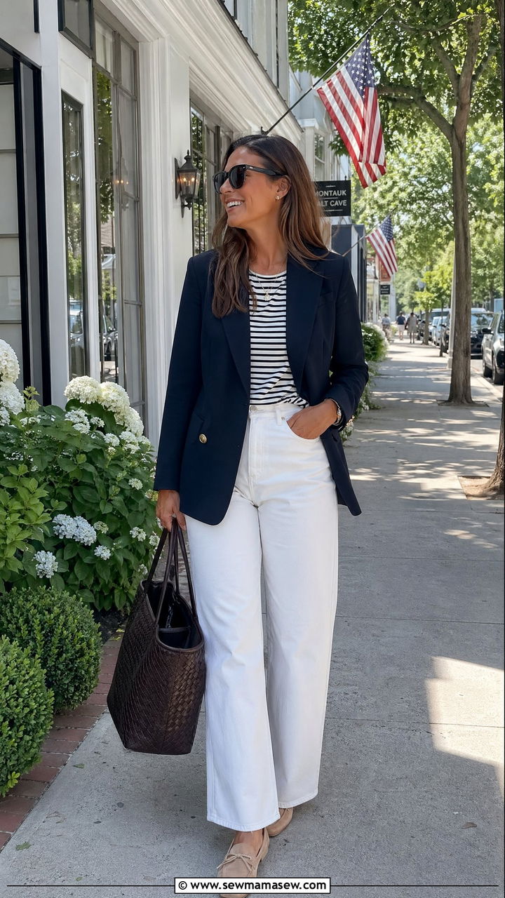 White Wide Leg Jeans With Navy Blazer and Striped Tee - 35 Uptown girl outfit ideas