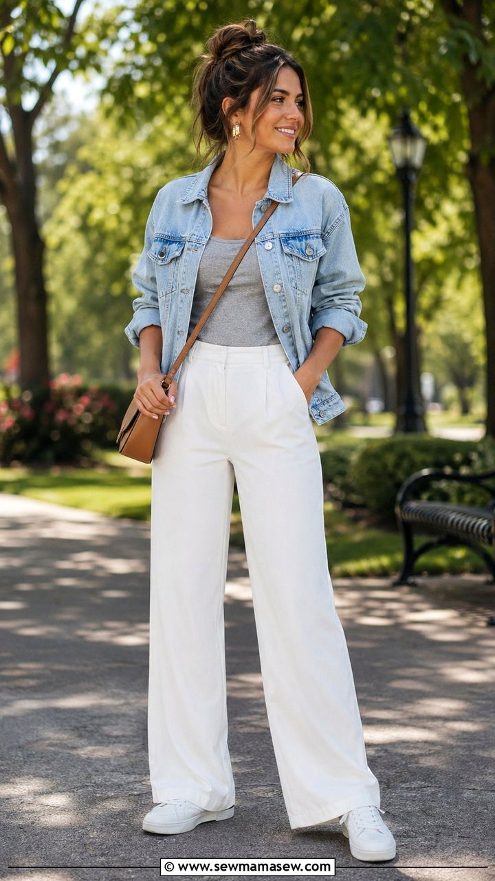 White Wide Leg Pants With Denim Jacket And White Sneakers - 30 Wide leg pants outfit ideas for summer
