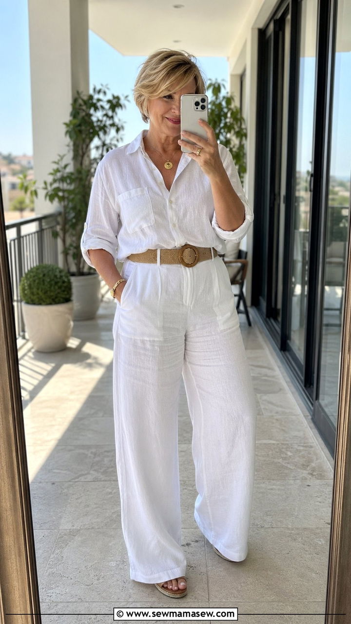 White Wide Leg Pants With Linen Blouse - 35 Plus size outfits for women over 50