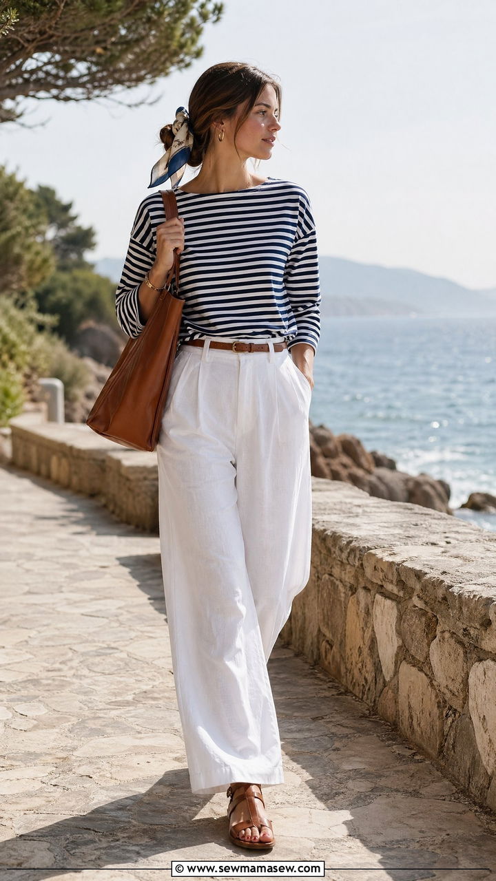 White Wide Leg Pants with a Striped Boatneck Top - 35 Summer outfits for young women