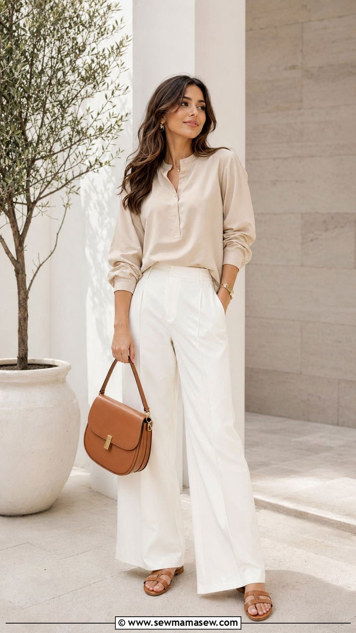 White Wide Leg Trousers With Beige Blouse Outfit - 35 Modest outfits for women over 40