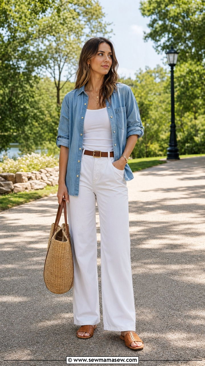 White Wide Leg Trousers With a Chambray Denim Shirt and Woven Sandals - 30 Wide leg trousers outfit ideas for summer