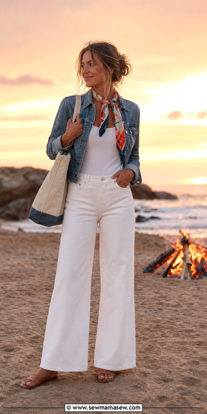 White Wide Leg Trousers With a Denim Jacket and Simple Tank - 30 Wide leg trousers outfit ideas for summer
