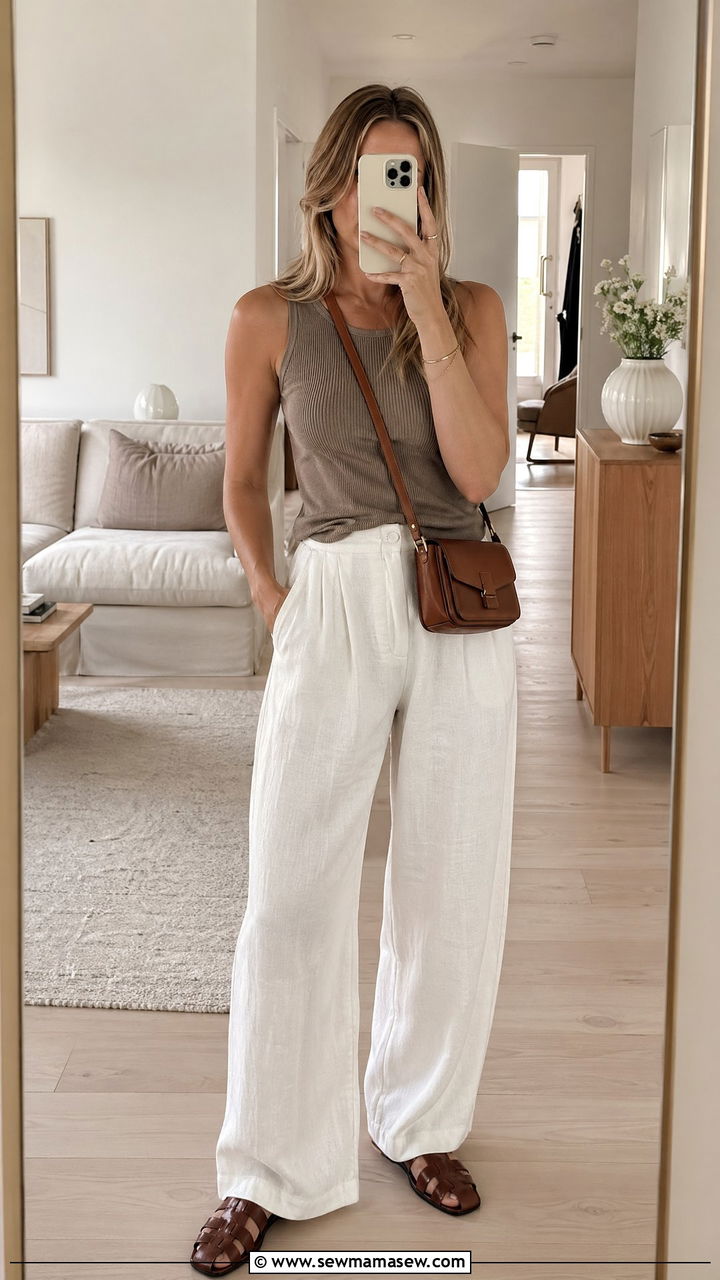 White Wide Leg Trousers and Ribbed Tank Scandi Summer Look - 35 summer scandinavian outfit ideas