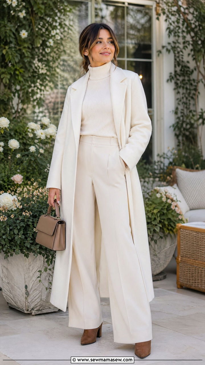 White Wool Coat with Tonal Cream Layers - 35 Wool coat outfit ideas