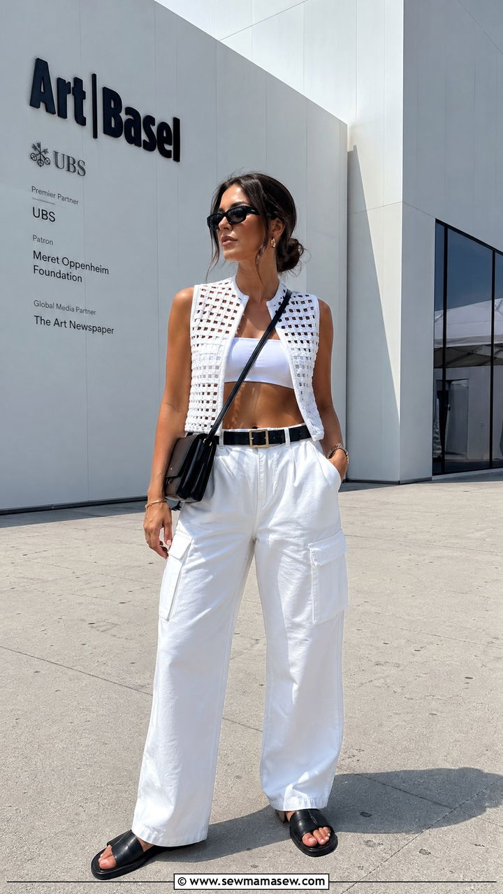 White Woven Cutout Vest and Cargo Pants - 35 summer all white outfit ideas