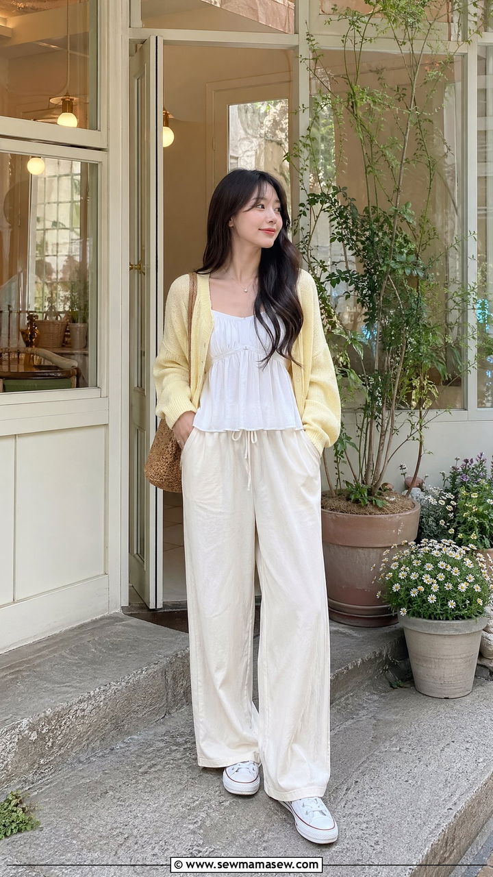 White babydoll top with pastel cardigan and relaxed trousers - 35 Seoul vacation outfit ideas
