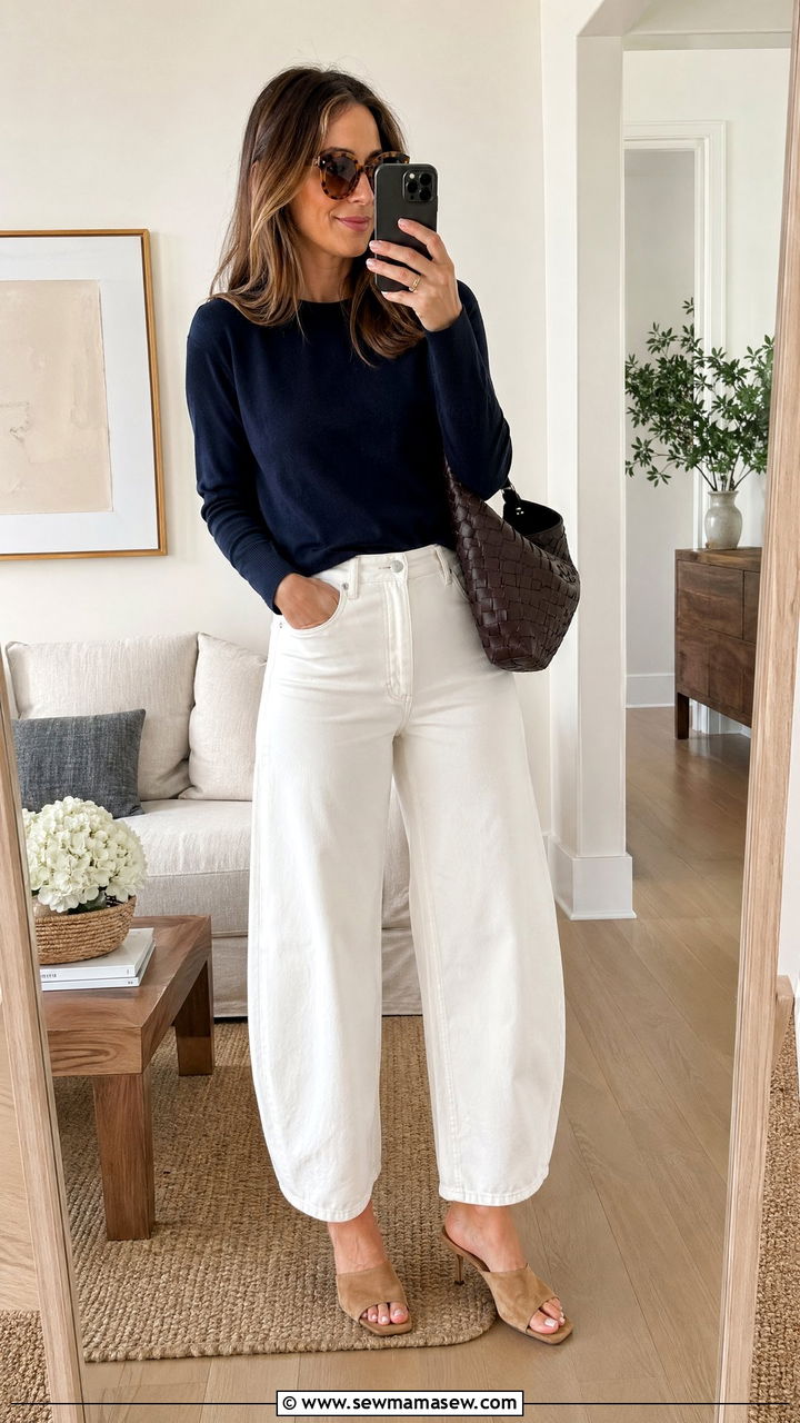White barrel jeans with navy top and suede accessories - 35 transitional outfits for women
