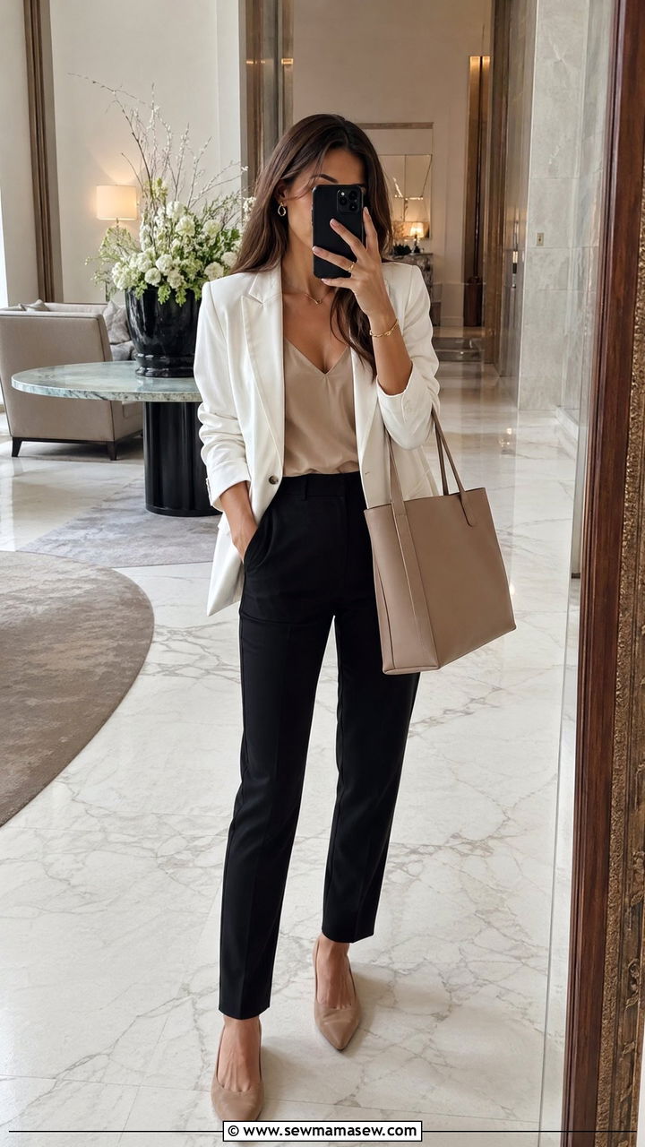 White blazer with neutral layers and black trousers - 35 classy travel outfit ideas