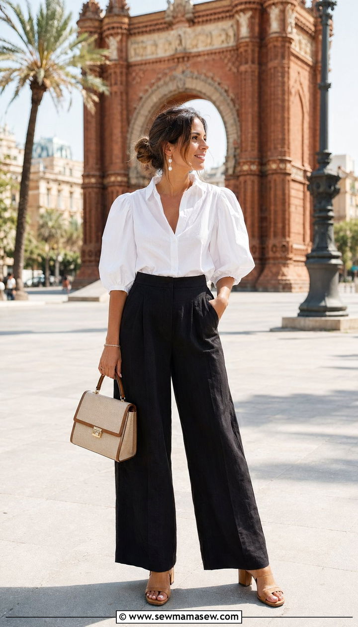 White blouse and wide leg linen pants outfit Barcelona - 30 Barcelona vacation outfit ideas
