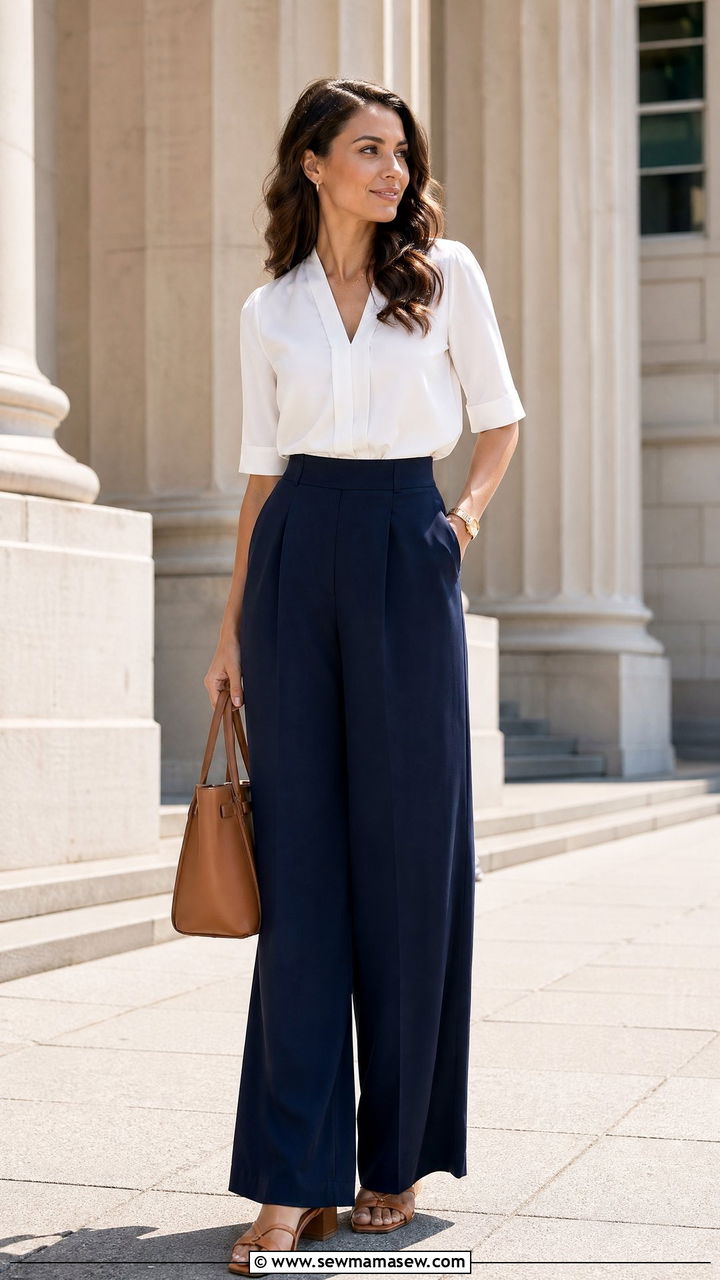 White blouse with navy wide leg trousers and sandals - 35 Courtroom outfit ideas for women