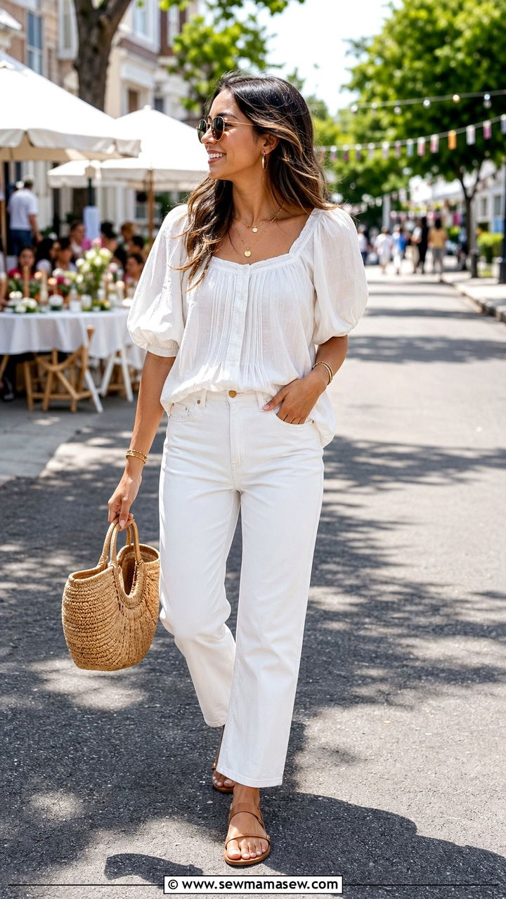 White blouse with relaxed fit white jeans - 30 Block party outfit ideas