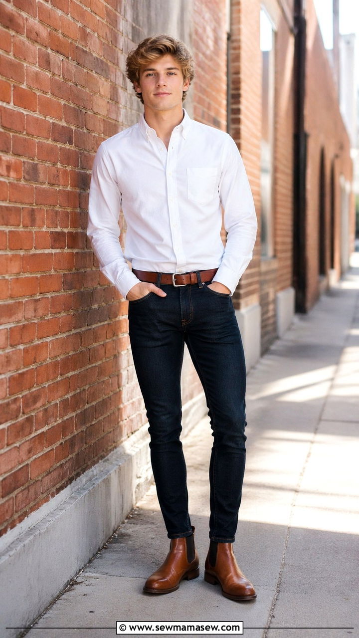 White button down and dark jeans senior portrait - 30 Senior portrait outfit ideas guys