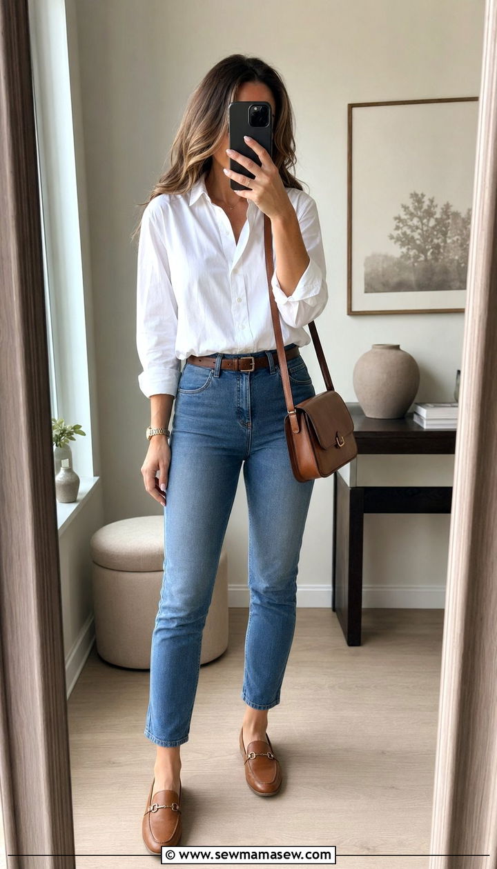 White button down and high waisted jeans outfit - 30 Work outfits with jeans