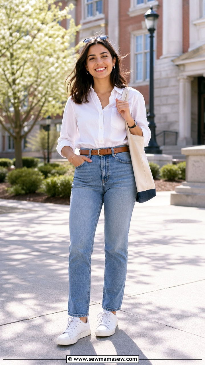 White button down and high waisted jeans outfit - 30 Spring capsule wardrobe for college