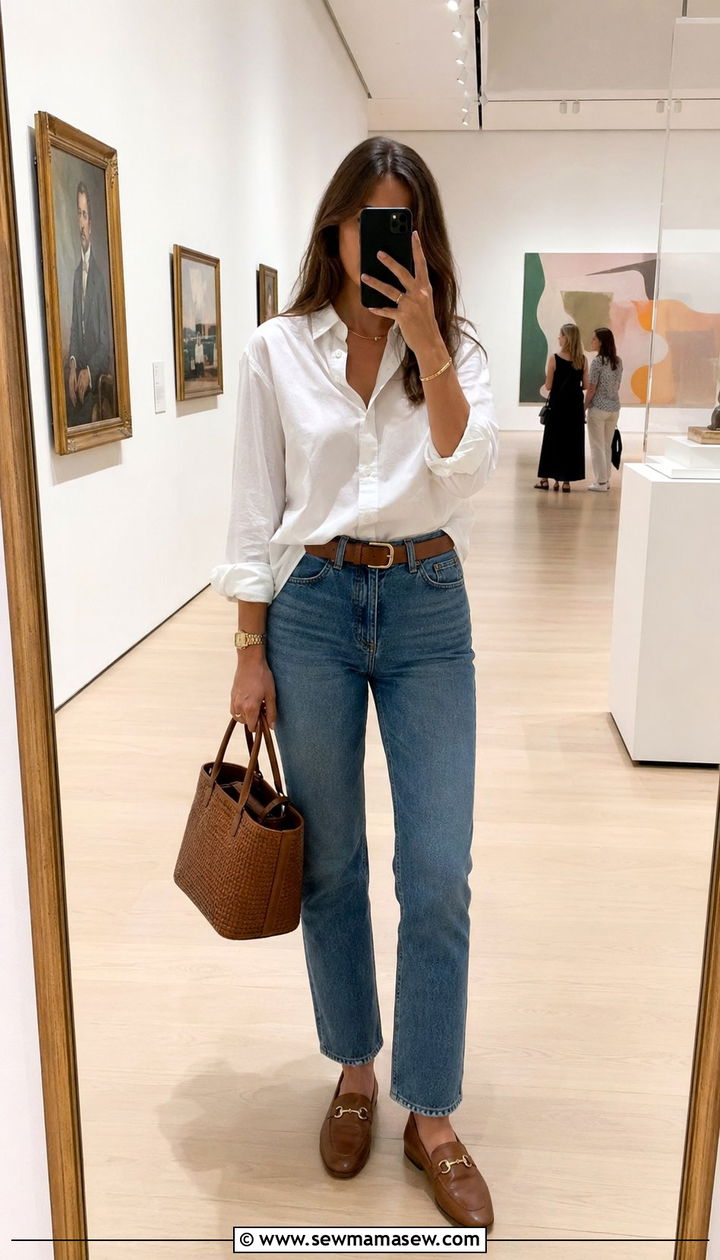 White button down and high waisted jeans - 35 Museum visit outfit ideas