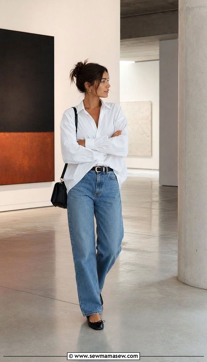 White button down and relaxed jeans museum outfit - 35 museum outfit ideas
